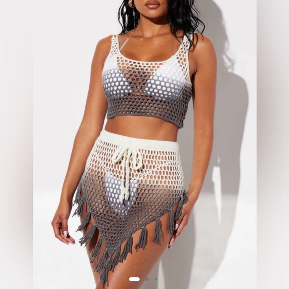 Fashion Nova Cream and Gray Crochet Skirt Set